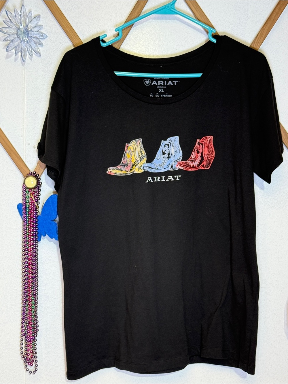 Ariat Black Short Sleeve Tee with Yellow Blue Red Boot Graphic